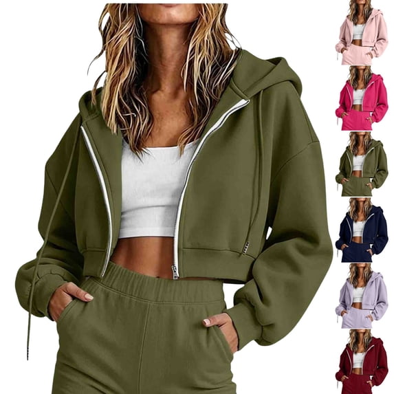 QINGFSAP Womens Short Zip Hoodie Long Sleeve Casual Fall Winter Cropped Sweatshirt