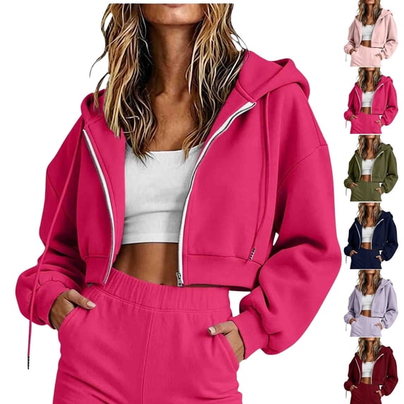 QINGFSAP Womens Short Zip Hoodie Long Sleeve Casual Fall Winter Cropped Sweatshirt