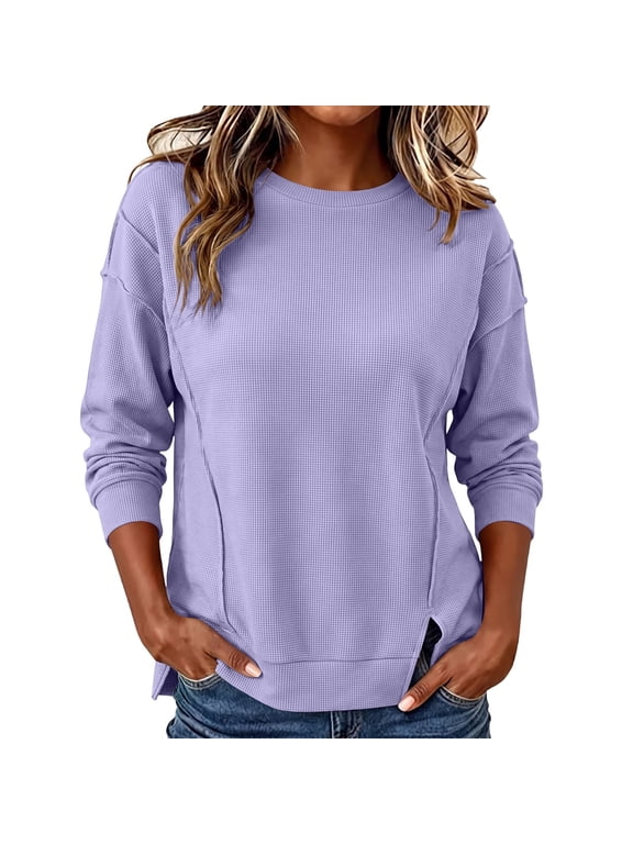 Womens Side Split Top Textured Long Sleeve Crewneck Relaxed Fit Casual Pullover