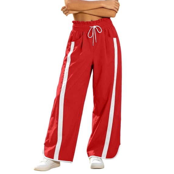 Fengactive Womens Side Stripe Pants with Pockets Drawstring Waist Wide Leg Baggy Color Block Long Pants
