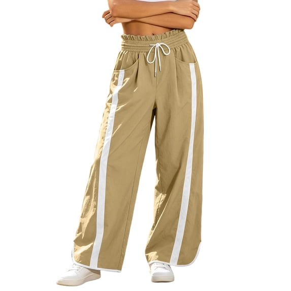 Fengactive Womens Side Stripe Pants with Pockets Drawstring Waist Wide Leg Baggy Color Block Long Pants