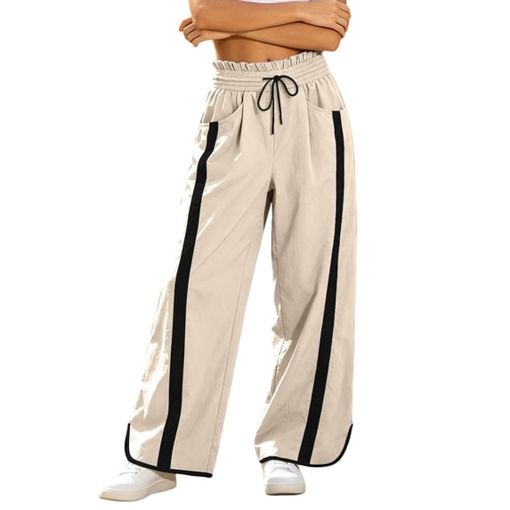 Fengactive Womens Side Stripe Pants with Pockets Drawstring Waist Wide Leg Baggy Color Block Long Pants