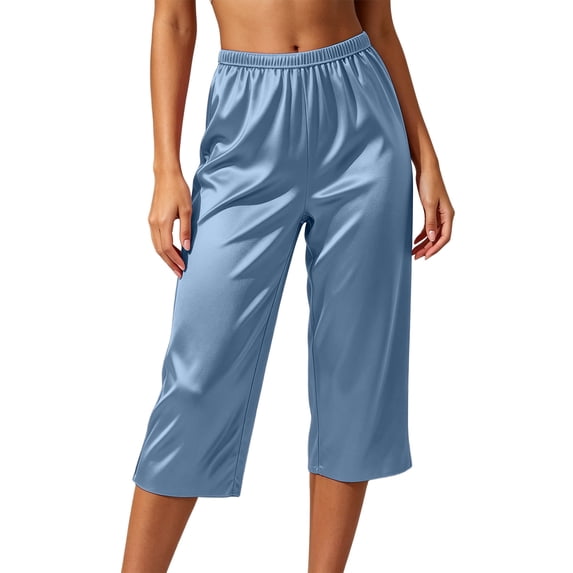 Fengactive Womens Silky Capri Pants Elastic High Waist Relaxed Wide Leg Cooling Lounge Sleepwear
