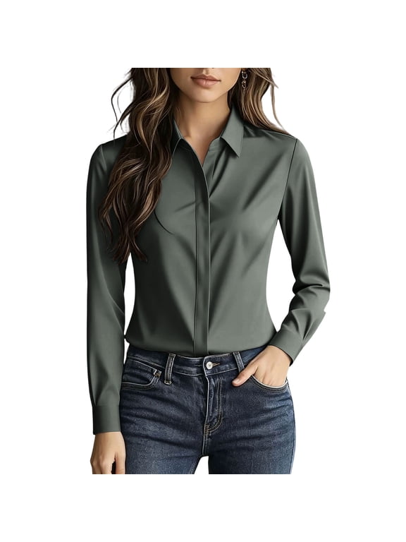 Womens Silky Hidden Button Shirt Concealed Placket Collared Long Sleeve Blouse Casual Office Work Top