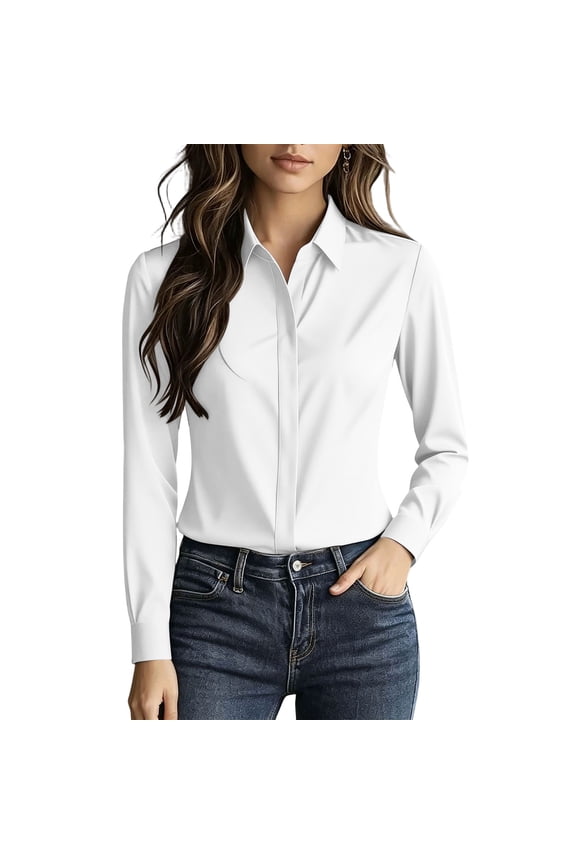 Womens Silky Hidden Button Shirt Concealed Placket Collared Long Sleeve Blouse Casual Office Work Top