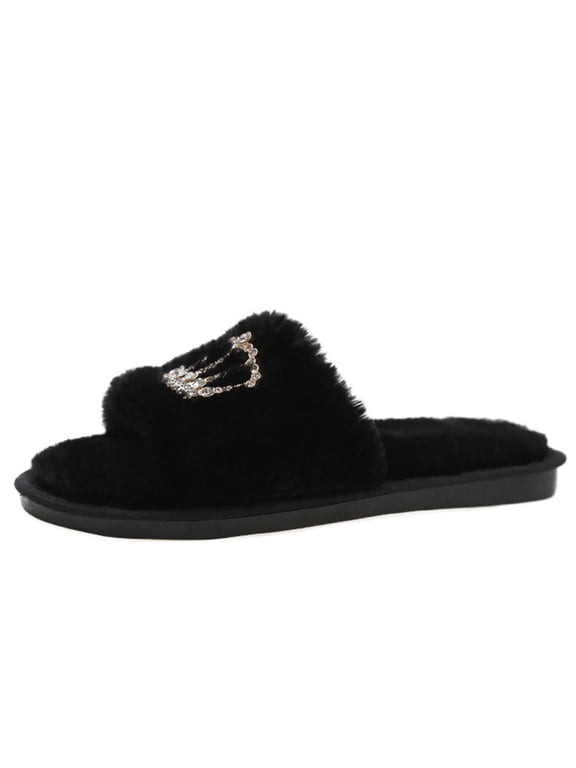 Fengactive Womens Sparkling Crown Slide Slippers Plush Upper Rhinestone Embellished Winter Home Slippers
