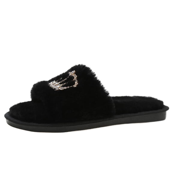 Fengactive Womens Sparkling Crown Slide Slippers Plush Upper Rhinestone Embellished Winter Home Slippers