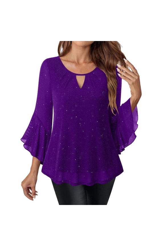 Womens Sparkly Tops Dressy Ruffle 3/4 Sleeve Blouses Glitter Party Evening Shirts