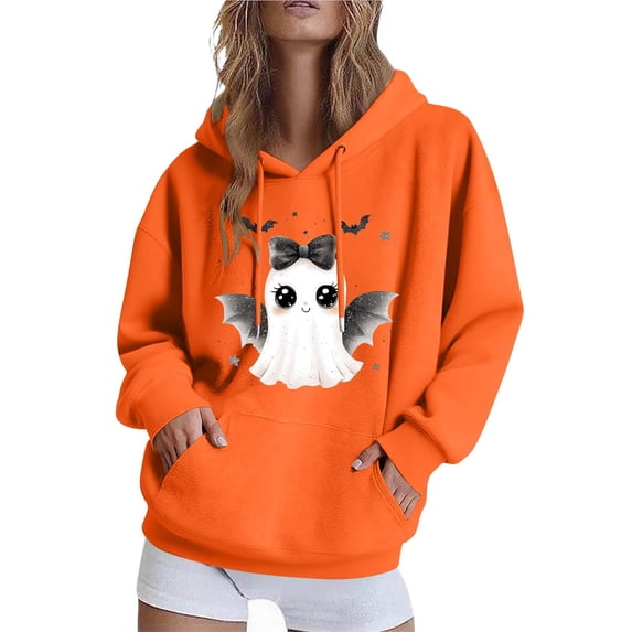QINGFSAP Womens Spooky Halloween Hoodie Drawstring Long Sleeve Pullover Top Kangaroo Pocket Gothic Ghost Print Loose