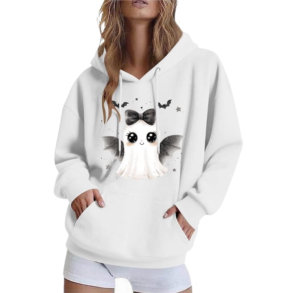 QINGFSAP Womens Spooky Halloween Hoodie Drawstring Long Sleeve Pullover Top Kangaroo Pocket Gothic Ghost Print Loose