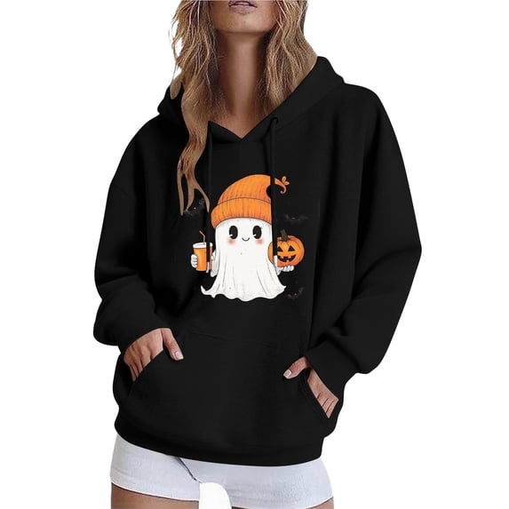 QINGFSAP Womens Spooky Halloween Hoodie Drawstring Long Sleeve Pullover Top Kangaroo Pocket Gothic Ghost Print Loose