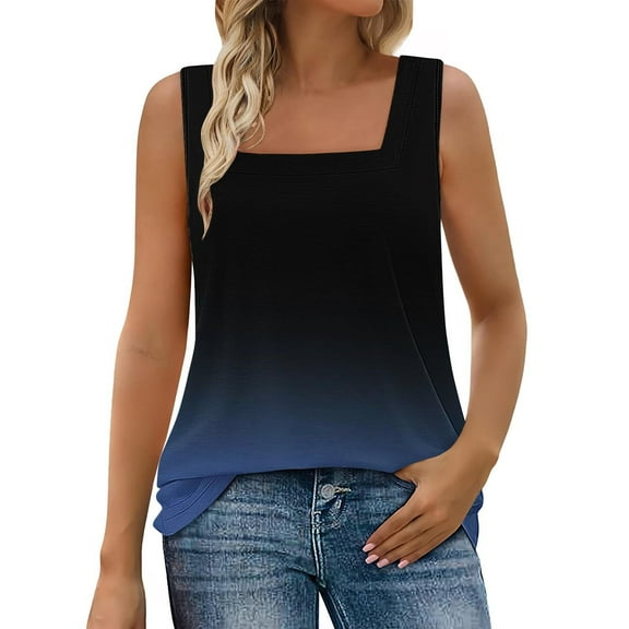 Fengactive Womens Square Neck Sleeveless Gradient Color Tank Tops Summer Fashion Vests Loose Tunic Top Basic T-Shirts