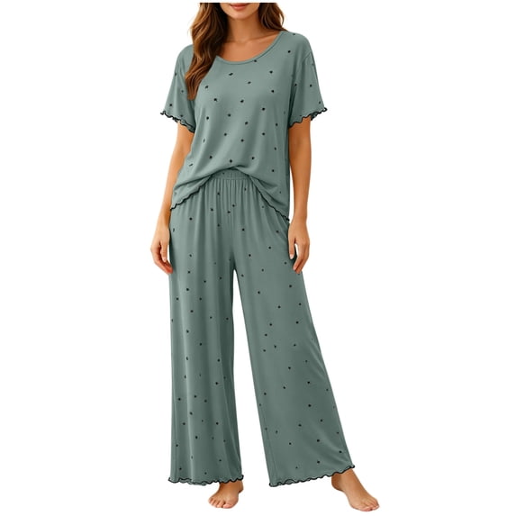 Fengactive Womens Star Print Lounge Set Scalloped Trim Short Sleeve Top and Wide Leg Pants Sleepwear