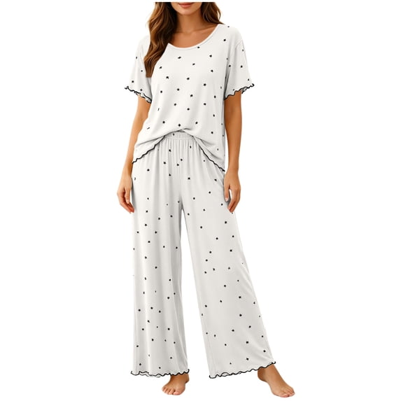 Fengactive Womens Star Print Lounge Set Scalloped Trim Short Sleeve Top and Wide Leg Pants Sleepwear