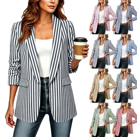 QINGFSAP Womens Striped Blazer Open Front Long Sleeve Jacket with Pockets Casual Work Coat