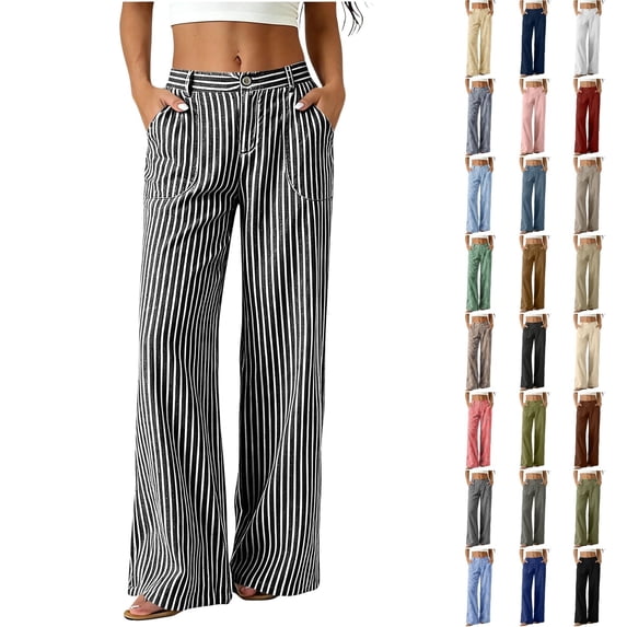 QINGFSAP Womens Striped Button Zip Front Wide Leg Casual Pants Elastic Back Waist Lightweight Linen Blend Solid Pocket Long Trousers