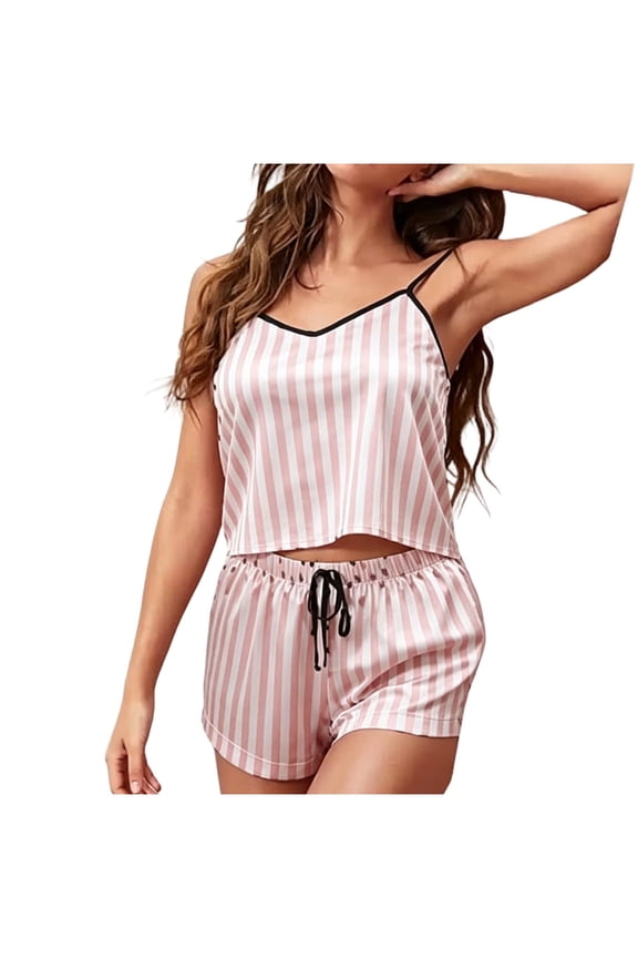 Womens Striped Cami Set V Neck Spaghetti Strap Contrast Trim Crop Top and Shorts