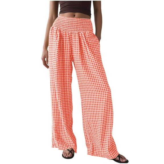 Fengactive Womens Striped Gingham Wide Pants 2025 Elastic Waist Lounge Pants Cute Comfy Bottoms with Pockets Fall Y2K Outfits