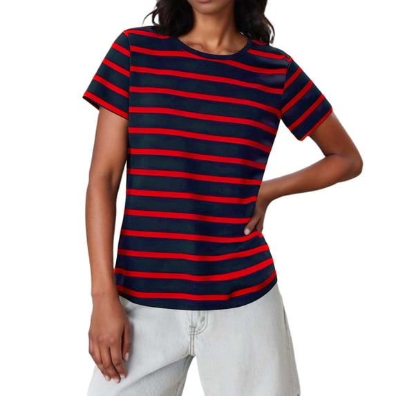 Fengactive Womens Striped Short Sleeve Crewneck T-Shirts Summer Tops Casual Loose Basic Tee Blouses