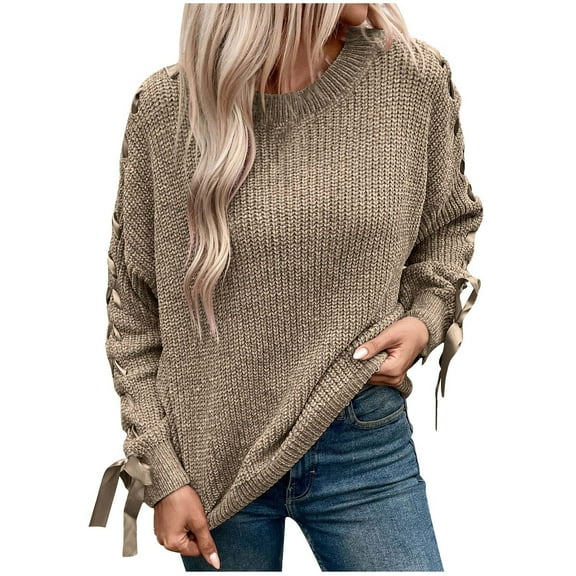 Fengactive Womens Stylish Bowknot Ribbon Sleeve Knit Crewneck Pullover Sweater Ribbed Knitwear Pullover