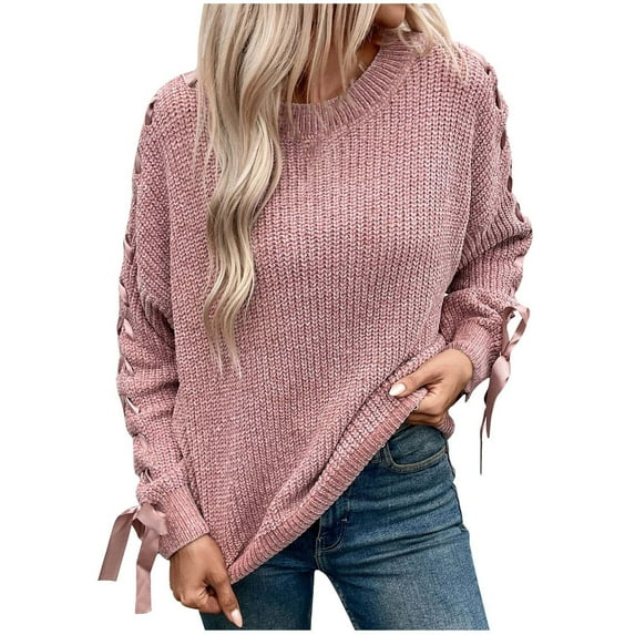 Fengactive Womens Stylish Bowknot Ribbon Sleeve Knit Crewneck Pullover Sweater Ribbed Knitwear Pullover