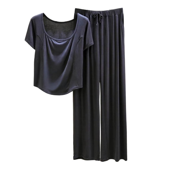 Fengactive Womens Summer Lounge Set Cowl Neck Short Sleeve Top and Wide Leg Pants with Drawstring Relaxed Two Piece Sleepwear