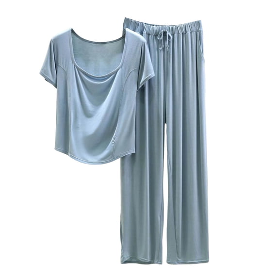 Fengactive Womens Summer Lounge Set Cowl Neck Short Sleeve Top and Wide Leg Pants with Drawstring Relaxed Two Piece Sleepwear
