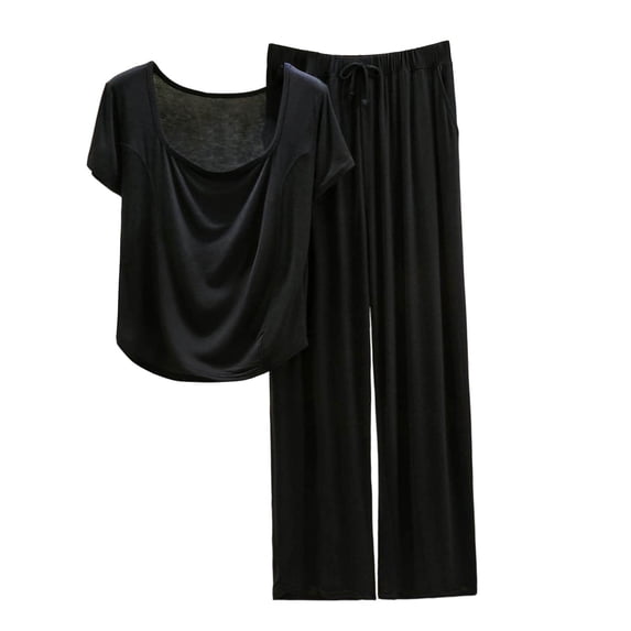 Fengactive Womens Summer Lounge Set Cowl Neck Short Sleeve Top and Wide Leg Pants with Drawstring Relaxed Two Piece Sleepwear