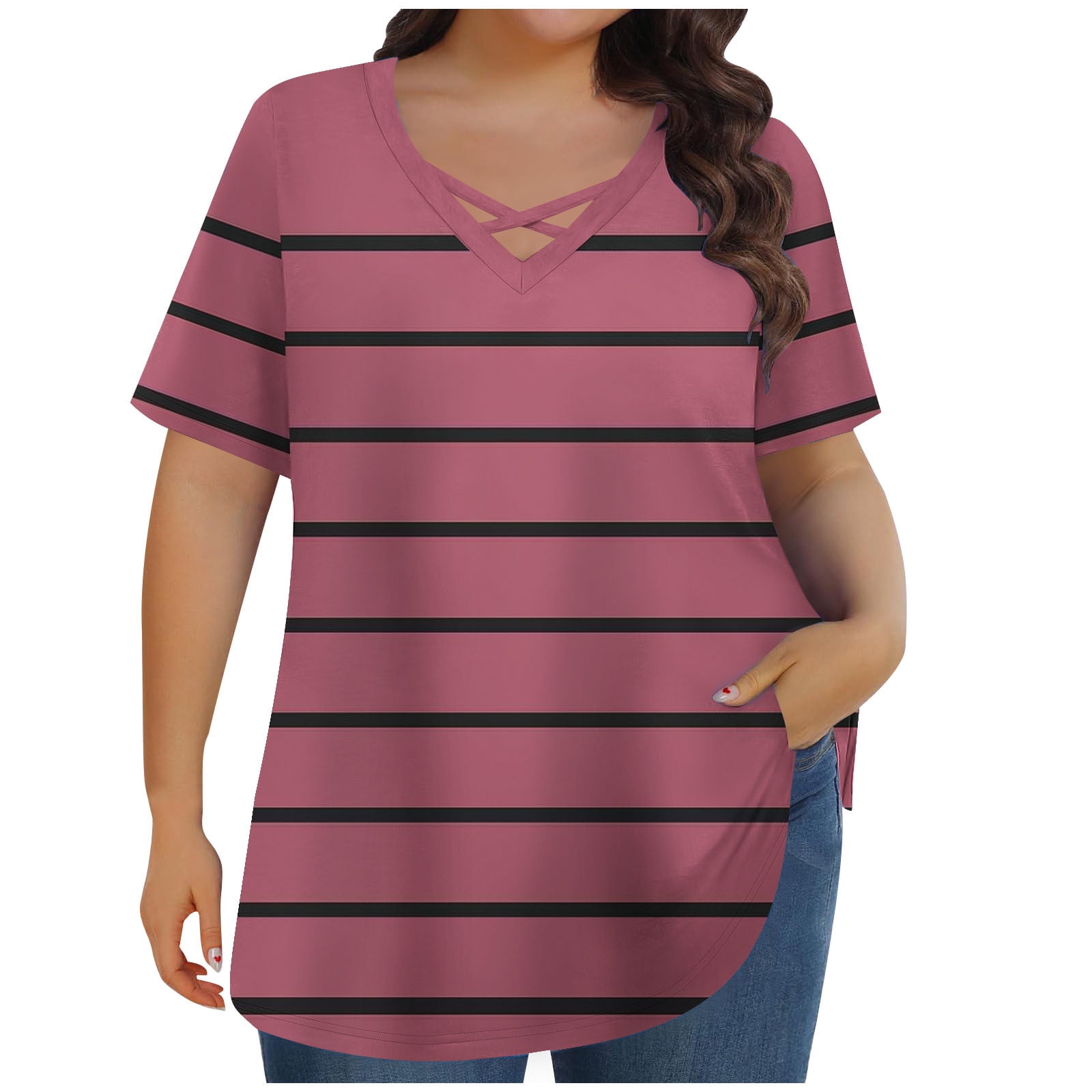 Fengactive Womens Summer Plus Size Tops Short Sleeve V Neck Criss Cross ...