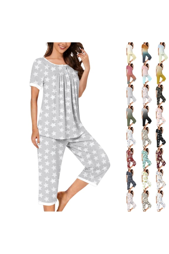 Womens Summer Printed Pajama Sets 2 Piece Short Sleeve Top and Capri Pants Ladies Lounge Pjs Sets
