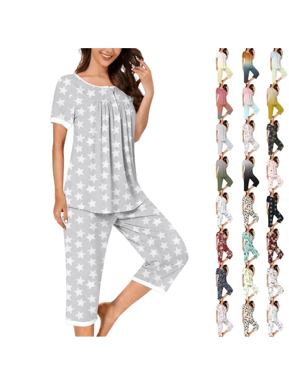 Womens Summer Printed Pajama Sets 2 Piece Short Sleeve Top and Capri Pants Ladies Lounge Pjs Sets