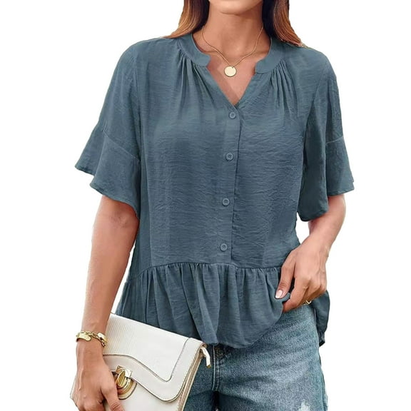 Fengactive Womens Summer Ruffle Sleeve V Neck Button Pleated Blouse Casual Shirts Cute Outfits Tops