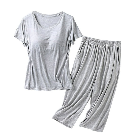 Fengactive Womens T-Shirt Built-in Bra Padded Tops Short Sleeve Nightgown Soft Sleepwear Loose Fit Casual Pajamas Sets