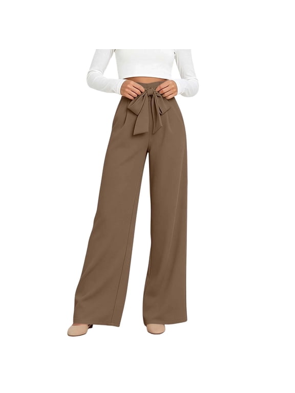 Womens Tie Waist Wide Leg Pants with Pockets High Waisted Loose Fit Casual Work Long Pants