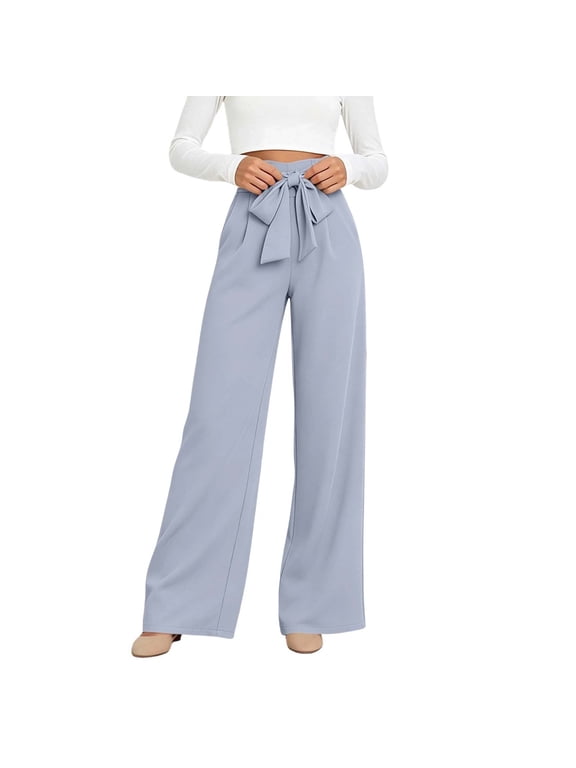 Womens Tie Waist Wide Leg Pants with Pockets High Waisted Loose Fit Casual Work Long Pants