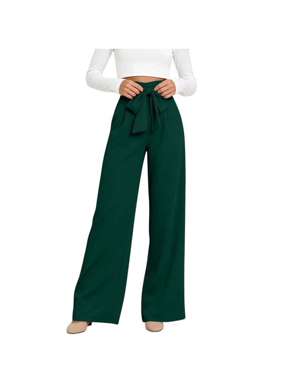 Womens Tie Waist Wide Leg Pants with Pockets High Waisted Loose Fit Casual Work Long Pants