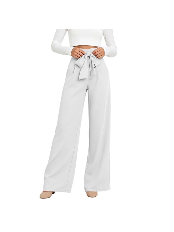 Womens Tie Waist Wide Leg Pants with Pockets High Waisted Loose Fit Casual Work Long Pants