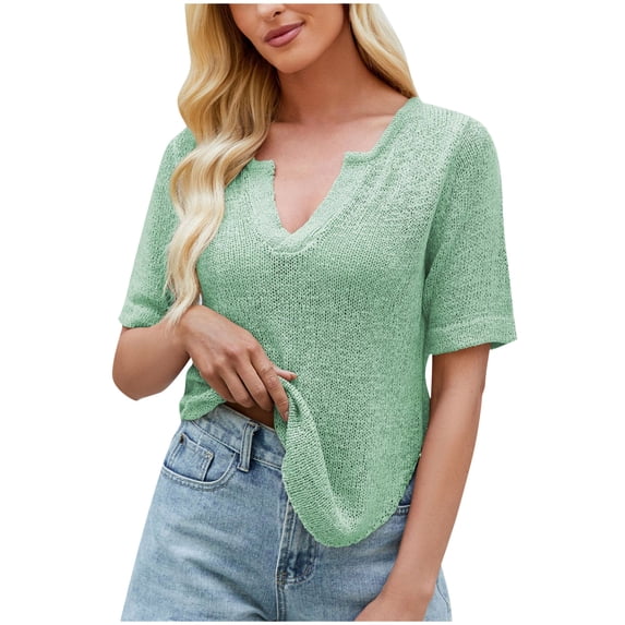 QINGFSAP Womens V Neck Curved Hem Short Sleeve T Shirts Cropped Tops Lightweight Breathable Knit Shirts