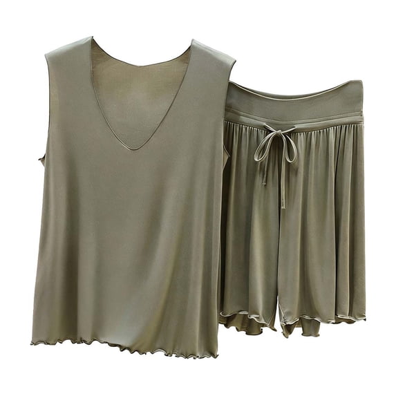 QINGFSAP Womens V Neck Lounge Set Sleeveless Tank Top and Drawstring Scalloped Shorts