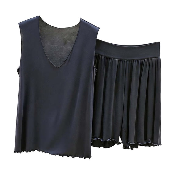 QINGFSAP Womens V Neck Lounge Set Sleeveless Tank Top and Drawstring Scalloped Shorts Pajamas for Women