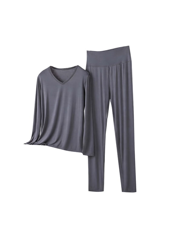Womens V Neck Pajama Set Long Sleeve Top and High Waist Leggings Soft Stretch Knit Lounge Sleepwear Two Piece
