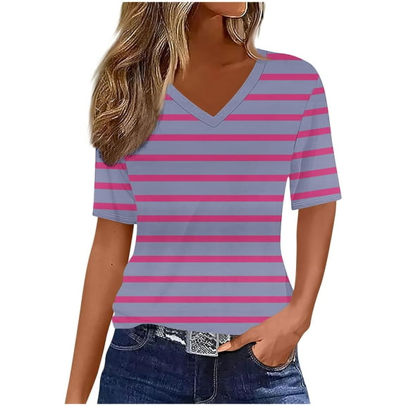 Fengactive Womens V Neck Short Sleeve Striped T Shirts Summer Dressy Casual Blouses Cute Print Tees