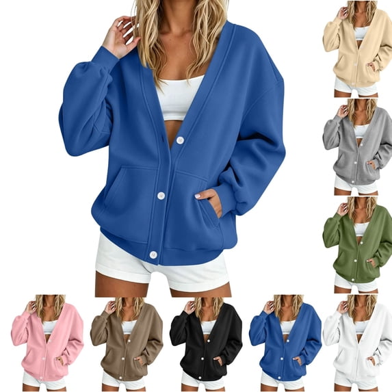 QINGFSAP Womens V Neck Sweatshirt Long Sleeve Button Pocket Loose Fit Casual Fall Winter Top