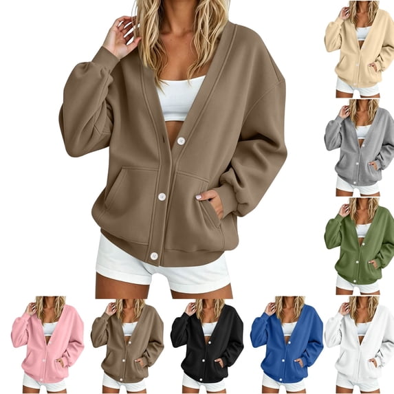 QINGFSAP Womens V Neck Sweatshirt Long Sleeve Button Pocket Loose Fit Casual Fall Winter Top