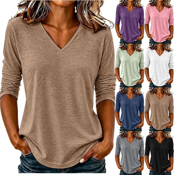 Fengactive Womens V Neck Top Long Sleeve Slub Texture Relaxed Fit Casual Basic Tee