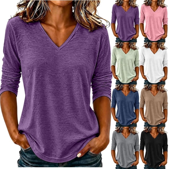Fengactive Womens V Neck Top Long Sleeve Slub Texture Relaxed Fit Casual Basic Tee