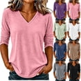 thumbnail image 1 of Fengactive Womens V Neck Top Long Sleeve Slub Texture Relaxed Fit Casual Basic Tee, 1 of 8