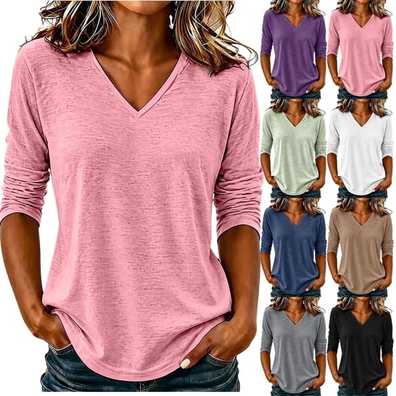 Fengactive Womens V Neck Top Long Sleeve Slub Texture Relaxed Fit Casual Basic Tee