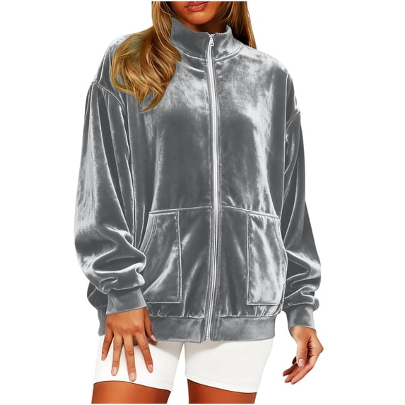 Fengactive Womens Velour Zip Up Jackets Long Sleeve Fall Oversized Sweatshirt Jacket with Pockets Fashion Clothes