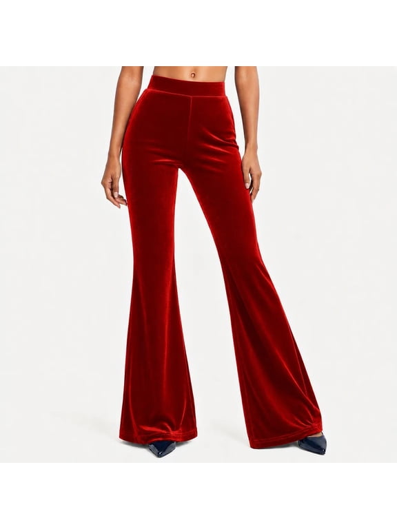 Women's Velvet Flare Pants High Waisted Stretch Bell Bottom